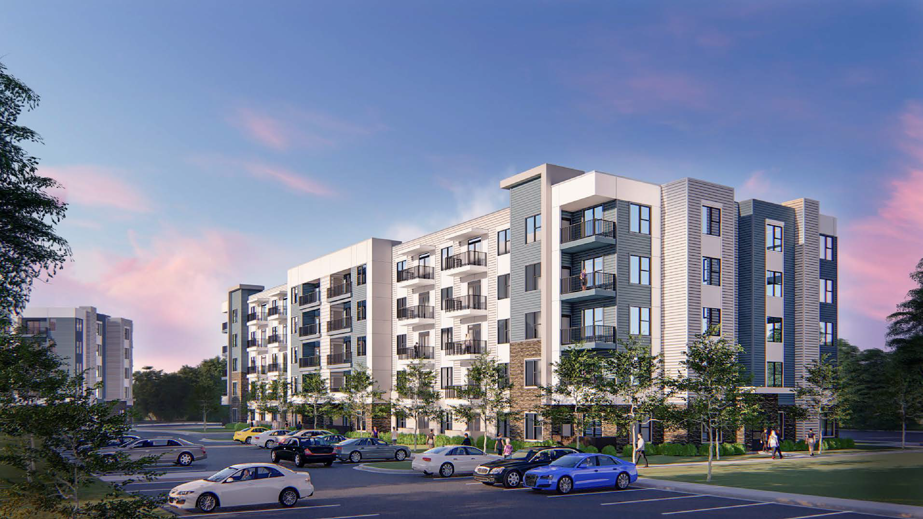 Rendering of exterior building of Hawkley Apartments