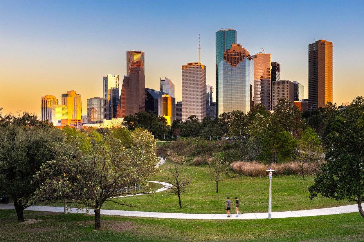 Houston skyline at sunset with skyscrapers