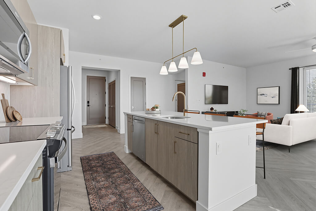 Herringbone design package kitchen looking out across the island