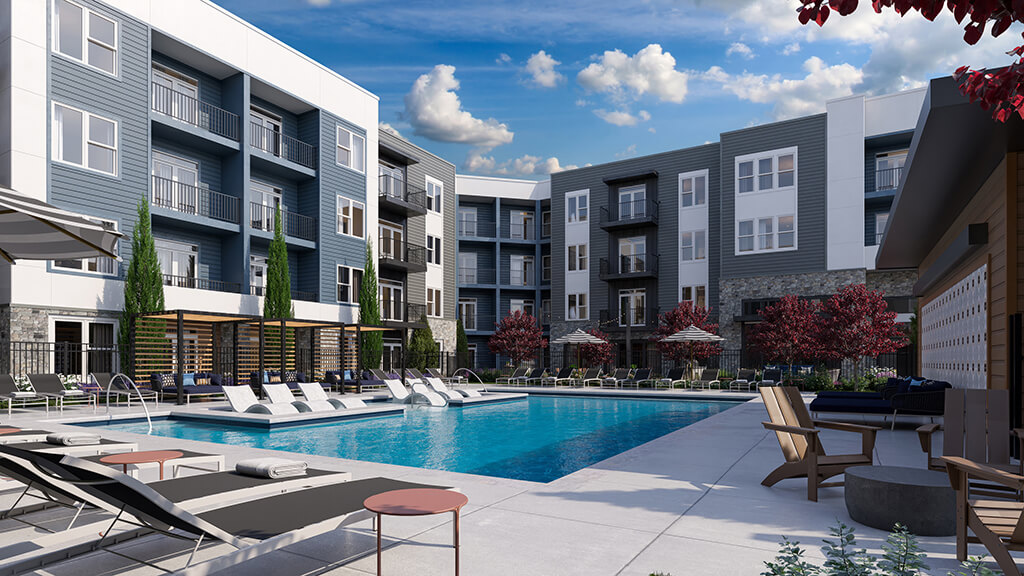 Exterior of Station 316 Apartments as seen from across the pool.