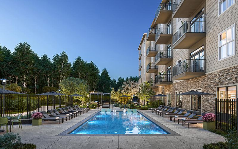 Rendering of pool at Hawkley Apartments in Milford, MA