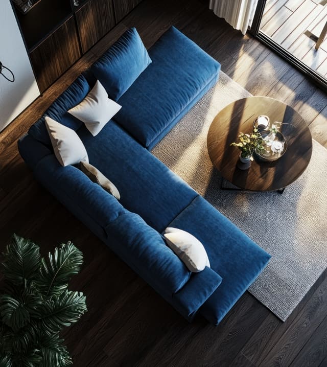 overhead view of blue couch