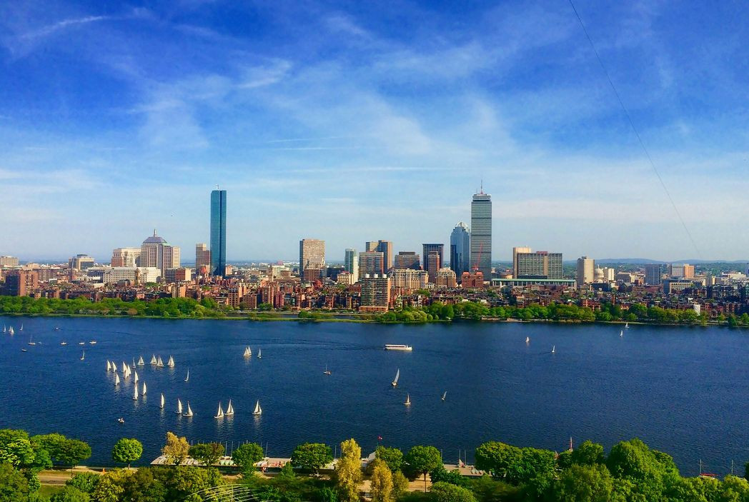Sailboats on the Charles River with Boston’s skyline and tree-lined waterfront in the background.